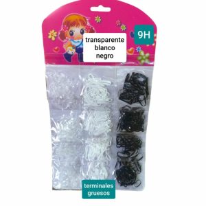 Terminales de trenzas 9H.  Negros, blancos y  transparentes gruesos.