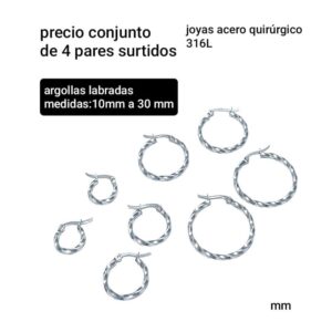 Aros MM. Argollas labradas. Tamaños surtidos. Conjunto de 4 pares.