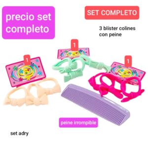 Set Adry. Conjunto de 3 blisters colitas + peine. Colores surtidos.