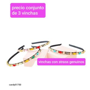 Vinchas Candy 51750. Con strass de color. Conjunto de 3 unidades.