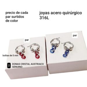 Aros LucMD: argollitas con bolitas y donas cristal. Colores surtidos.