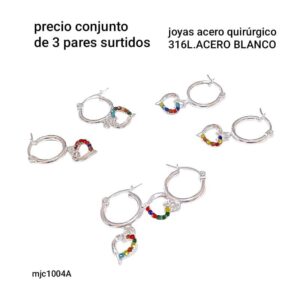 Aros MJC 1004.A. Argollitas con dijes corazones. Conjunto de 3 pares.