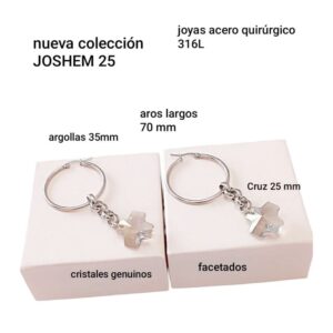 Aros LucMD. Argollas con cadena y dije cruz cristal.