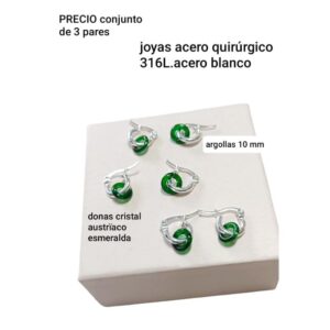 Aros LucMD. Argollitas con donas cristal verde. Conjunto de 3 pares.