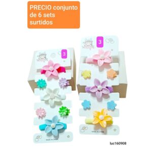 Set LucMD 160908. Minibroches + gomitas con apliques de flores. Conjunto de 6 sets.