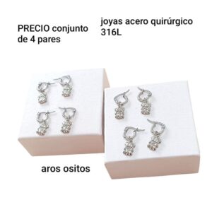 Aros LucMD. Argollitas con dije osito. Conjunto de 4 pares.