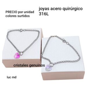 Pulsera LucMD. Cadena rolo con dije corazón cristal. Colores surtidos.