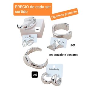 Set bijou plateado: brazalete + aros. Modelos surtidos.