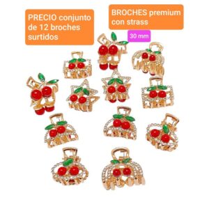 Broches dorados con strass y apliques. Conjunto de 12 unidades.
