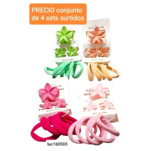 Set LucMD 160503. Broches flores + colitas. Conjunto de 4 sets. Colores surtidos.