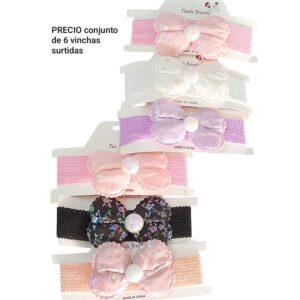 Vinchas BB. Elásticas con apliques moñitos. Conjunto de 6 unidades.