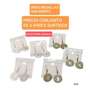 Aros medallas San Benito. Conjunto de 6 pares surtidos.