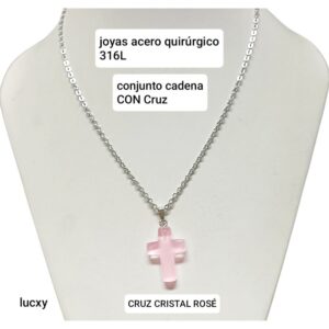 Conjunto LucXY. Cadena con dije cruz cristal rosa.
