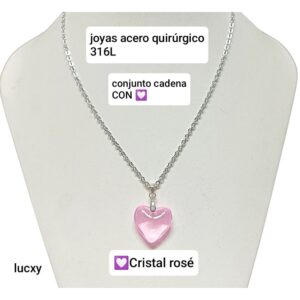 Conjunto LucXY. Cadena con dije corazón cristal rosado..