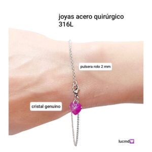 Pulsera LucMD. Cadena rolo con dije corazón cristal.