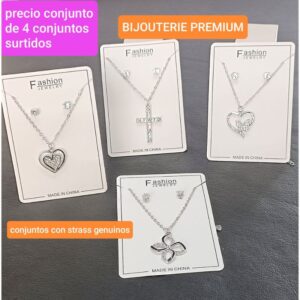 Conjuntos LucM 89E. Cadena con dije strass + aros. 4 conjuntos modelos surtidos.