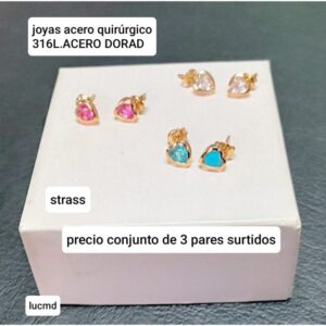 Aros LucMD. Corazones con strass. Colores surtidos. Conjunto de 3 pares.