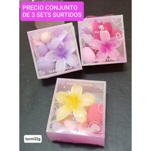 Set LucM 32G. Esponjas para maquillaje + broche flor. Conjunto de 3 sets.