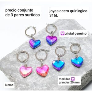 Aros LucMD. Argollas con dije corazón tornasolado. Conjunto de 3 pares.